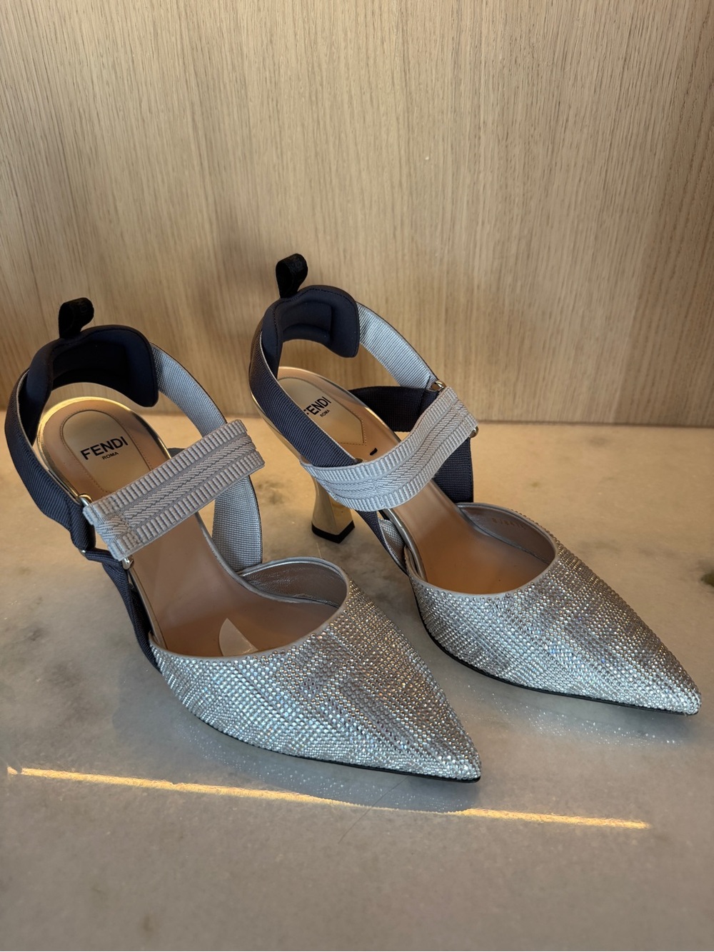 Fendi Silver Crystal Pointed-Toe Slingback Heels